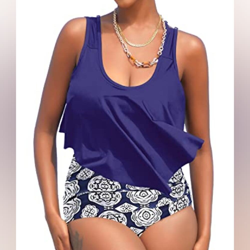 New‎ Two Piece Flounce Swimsuit Tankini Blue High Waist 632 Navy Women's Size S